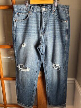 Gap High-Rise Destructed Mom Jeans in a medium wash, size 14/32R